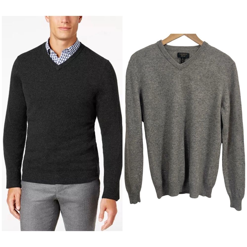 100% Cashmere Men’s V-Neck Sweater Gray Size Medium Luxury Preppy Minimalist